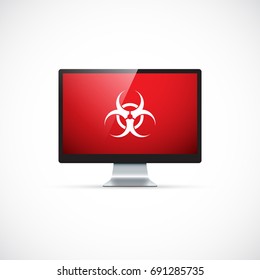 Computer virus protection concept. Biohazard symbol on the screen