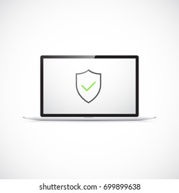 Computer virus protection concept. Shield symbol on the screen