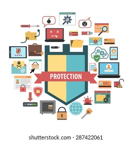 Computer Virus Protection Shield And Malware Removal Software Security Concept Banner Flat Icons Composition Abstract Vector Illustration