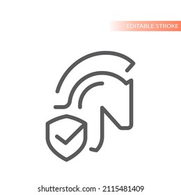 Computer virus safe line vector icon. Trojan horse and shield checkmark outlined symbol.