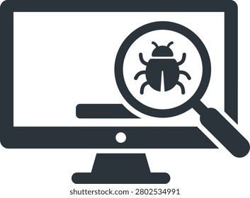Computer virus scan, magnifying glass detecting malware bug icon on monitor screen, cyber security system technical software analysis