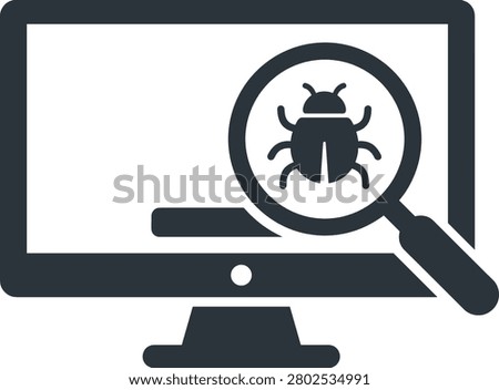 Computer virus scan, magnifying glass detecting malware bug icon on monitor screen, cyber security system technical software analysis