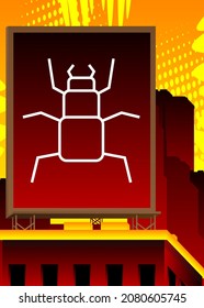 Computer virus sign on a billboard atop a building. Advertising in the city. Large banner on roof top of a brick architecture. Trojan, online network, Internet security icon.