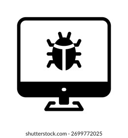 Vírus de computador ou bug de software detectado, um ícone de bug na tela do monitor do computador, um conceito de software antivírus, segurança cibernética e suporte de TI.