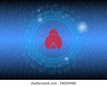 Computer Virus, spyware, malware, bug from hacker on blue cyber or digital graphic background