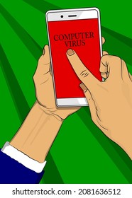 Computer virus text on Smartphone screen. Cartoon vector illustrated mobile phone.