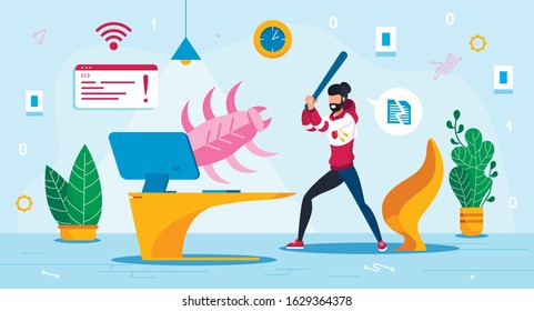 Computer Virus Threat Trendy Flat Vector Concept. Man, Male Computer User Fighting with Dangerous Malicious Software, Beating with Bat Dangerous Bug or Internet Worm Jump Up from Screen Illustration