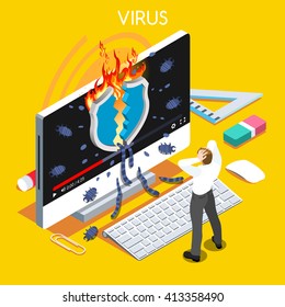 Computer virus trojan malware attack warning infographic. 3D flat isometric people set. Virus hacker attack trojan malware computer infection high security risk spectre meltdown vector illustration