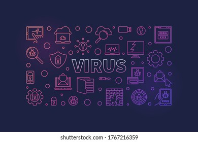 Computer Virus vector concept outline horizontal illustration or banner on dark background