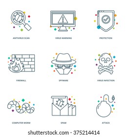 Computer virus vector icons set, line style