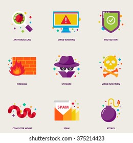 Computer Virus Vector Icons Set: Antivirus Scan, Warning, Protection, Firewall, Spyware, Infection, Worm, Spam, Attack