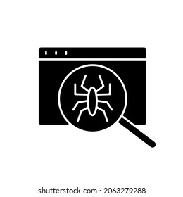 Computer viruses black glyph icon. Search for bugs with antivirus. Diagnostics of website. PC issue. Scan online data. Laptop problems. Silhouette symbol on white space. Vector isolated illustration