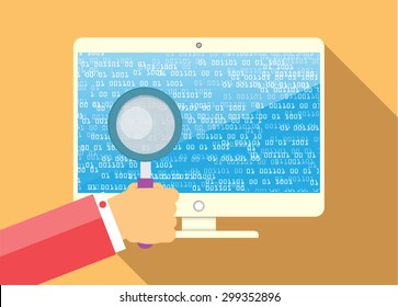 Computer viruses concept. Find Virus with Magnifying Glass Computer icon Symbol. Security scan. vector. flat style background. Laptop PC. digital technology graphics website internet