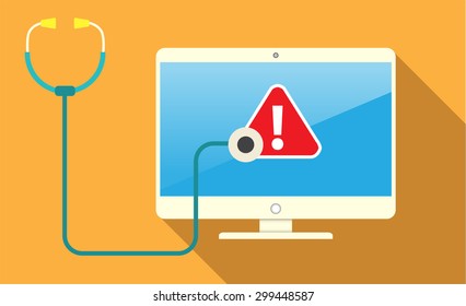 Computer viruses concept. Find Virus with Magnifying Glass Computer icon Symbol. Security scan. vector. flat style background. Laptop PC. digital technology graphics website internet