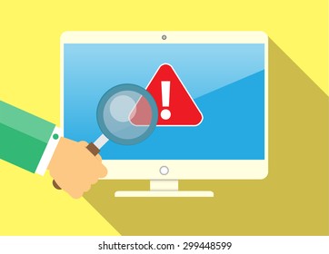 Computer viruses concept. Find Virus with Magnifying Glass Computer icon Symbol. Security scan. vector. flat style background. Laptop PC. digital technology graphics website internet
