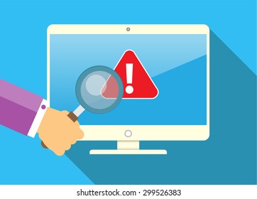 Computer viruses concept. Find Virus with Magnifying Glass Computer icon Symbol. Security scan. vector. flat style background. Laptop PC. digital technology graphics website internet