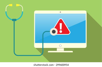 Computer viruses concept. Find Virus with stethoscope Computer icon Symbol. Security scan. vector. flat style background. Laptop PC. digital technology graphics website internet