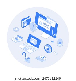 Computer Viruses. Errors detected, alert messages, bugs, open lock, infected files, broken shield. Monitor and laptop with alert messages. Vector outline illustration with isometry scene for web graph