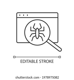 Computer viruses linear icon. Search for bugs with antivirus. Diagnostics of website. PC issue. Thin line customizable illustration. Contour symbol. Vector isolated outline drawing. Editable stroke