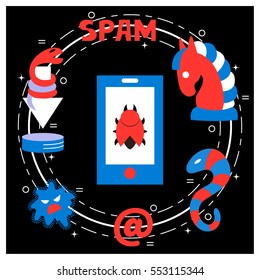 Computer viruses and spam  - vector concept with icons of  hacker's activities. Flat style. For web and paper ads. Hacker attack, spam, phishing concept.