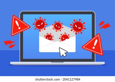 Computer viruses spread out from the email. System security warning on laptop. Emergency alert of threat by malware, virus, trojan, or hacker. Creative antivirus concept. Trendy vector flat style.