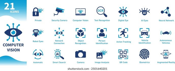 Computer vision icon. Set of icons for artificial intelligence, eye, digital technology, image analysis, multidimensional data. Solid vector icons.