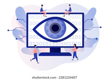 Computer vision. Neuro vision on monitor. Artificial intelligence concept. Video surveillance system, augmented reality systems. Modern flat cartoon style. Vector illustration on white background