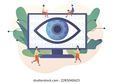 Computer vision. Neuro vision on monitor. Video surveillance system, augmented reality systems. Artificial intelligence concept. Modern flat cartoon style. Vector illustration on white background