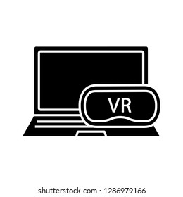 Computer VR Headset Glyph Icon. Silhouette Symbol. Virtual Reality Games. VR Mask, Glasses, Goggles With Laptop. Negative Space. Vector Isolated Illustration