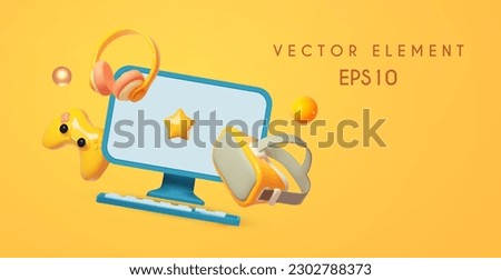 Computer, VR helmet, headphones, joystick and smartphone. Online gaming concept.