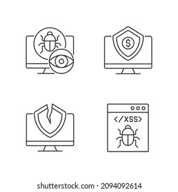 Computer vulnerability exploitation linear icons set. Hacker attack. Network disruption. Cyber insurance. Customizable thin line contour symbols. Isolated vector outline illustrations. Editable stroke