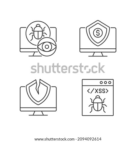 Computer vulnerability exploitation linear icons set. Hacker attack. Network disruption. Cyber insurance. Customizable thin line contour symbols. Isolated vector outline illustrations. Editable stroke