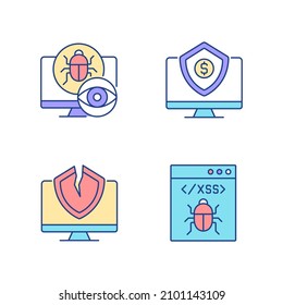 Computer vulnerability exploitation RGB color icons set. Hacker attacks. Network disruption. Cyber insurance. Isolated vector illustrations. Simple filled line drawings collection. Editable stroke