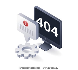 Computer warning error 404, flat isometric 3d illustration