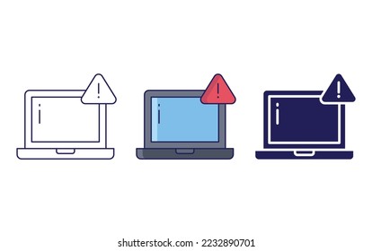 Computadora, línea de advertencia e icono de glifo, ilustración vectorial