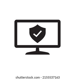 Computadora con icono de signo de advertencia en glifo plano negro, estilo relleno aislado en fondo blanco