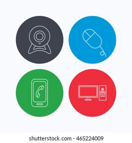 Computer, web camera and mobile phone icons. PC case linear sign. Linear icons on colored buttons. Flat web symbols. Vector