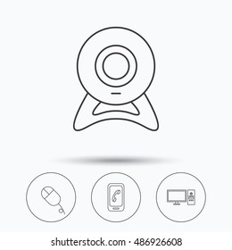Computer, web camera and mobile phone icons.
