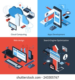 Computer and web design concept set with cloud computing apps development search engine optimization isometric icons vector illustration