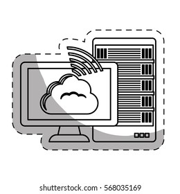 computer with web hosting or data center related icons sticker image vector illustration design 