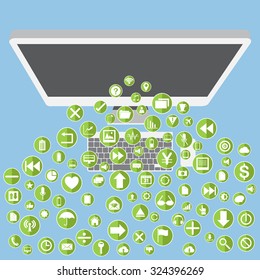 Computer with Web icons, Business icons and Technology icons for technology and business concept, Vector Illustration EPS 10.