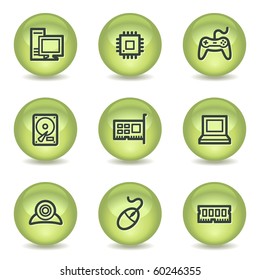 Iconos web de computadoras, botones de círculo brillante verde