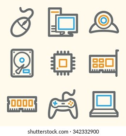 Ícones da web do computador, laptop e área de trabalho; gamepad e câmera, sinais de stock vetorial