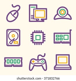 Computer web icons, laptop and desktop; gamepad and camera, vector stock signs