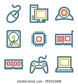 Computer web icons, laptop and desktop; gamepad and camera, vector stock signs