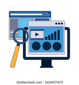 computer with web pages and magnifying glass over white background, vector illustration