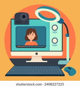 Computer with webcamera and lamp for vlogging. Vector illustration. Girl filming short videos to post in her vlog. Vlogger workplace concept