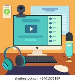 Computer, webcamera, microphone and headphones vector illustration. Toolbox for online consulting, expertise, consultation concept