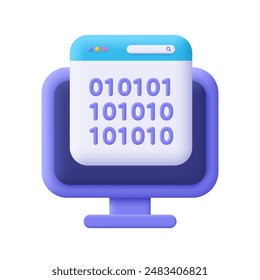 Computer webpage and binary code. Web development, information technology, programming and data encryption. 3d vector icon. Cartoon minimal style.