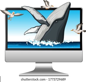 Computer with whale on screen illustration